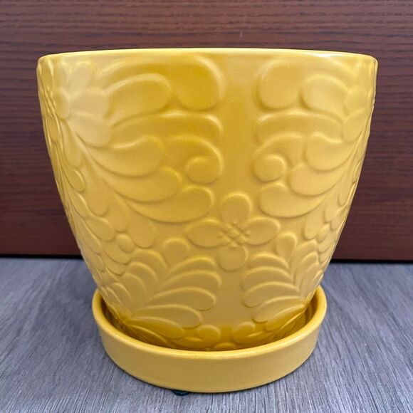 Multi Floral Yellow Ceramic Planter Pot with Saucer Attached - Picture 1 of 7